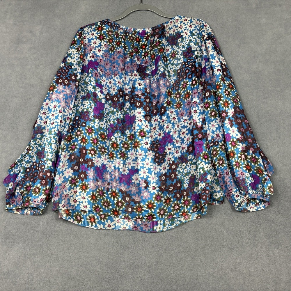 Kate Spade New‎ York Size XL Floral 100% Silk Blouse Blue Multicolor Ruffle Neck - Picture 4 of 9